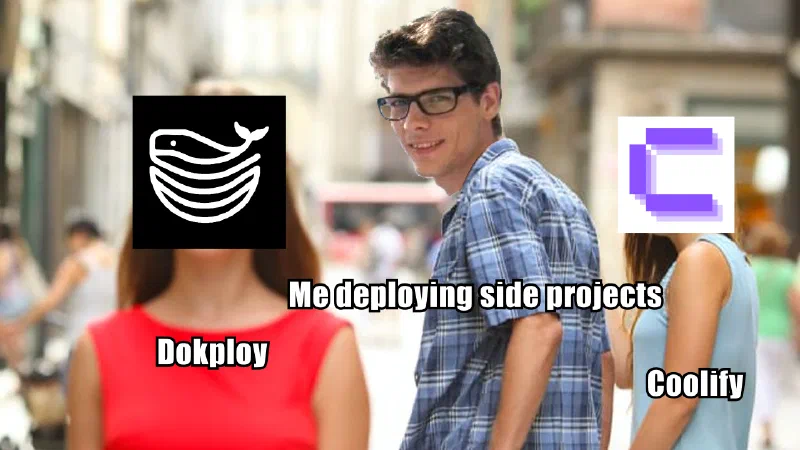 Thijs walking hand in hand with Coolify and turning around to look at Dokploy