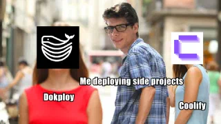 Thijs walking hand in hand with Coolify and turning around to look at Dokploy