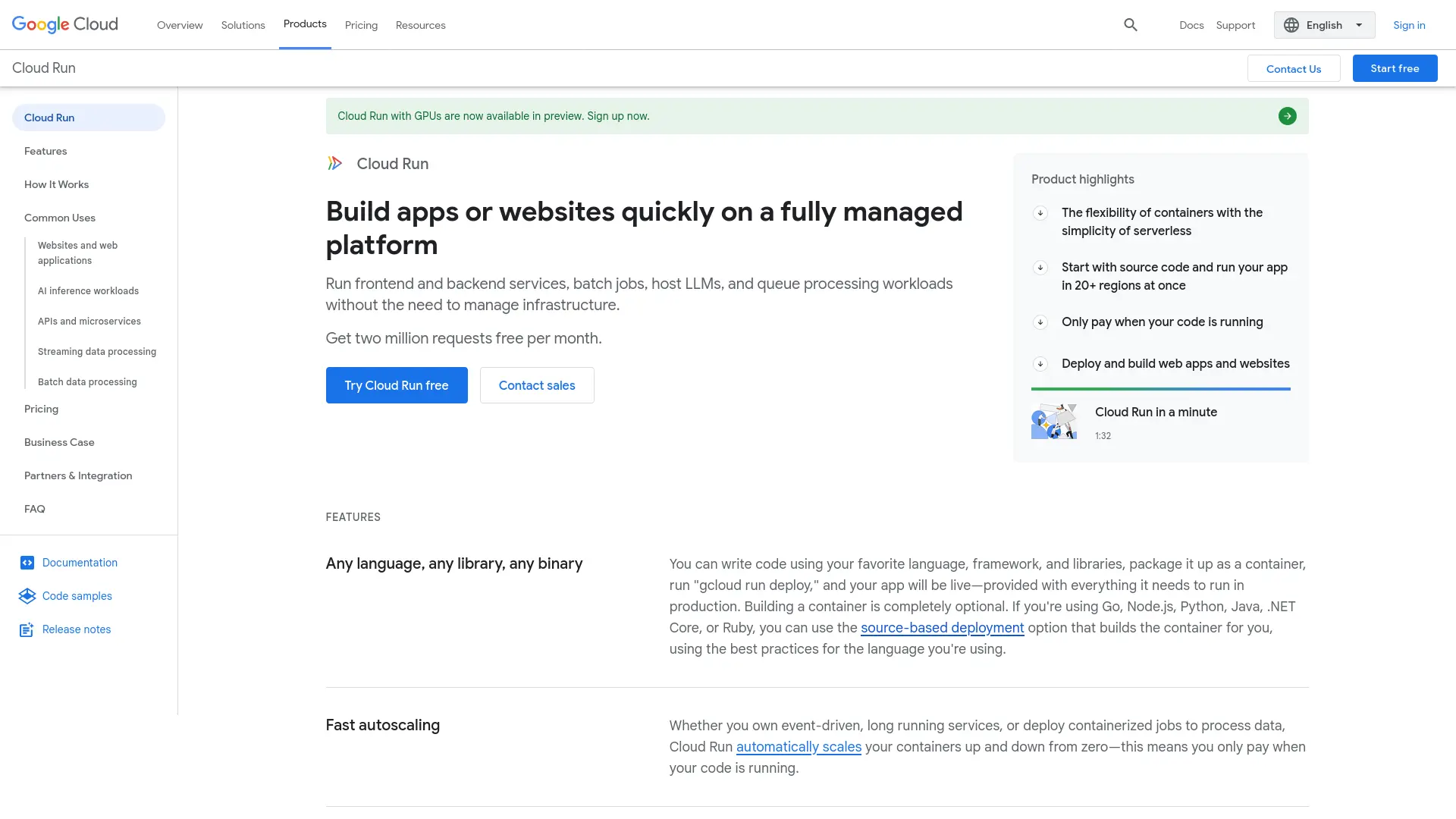 Google Cloud Run Homepage